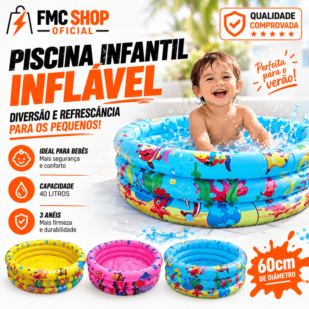 Piscina Infantil Inflável Redonda 3 Anéis Bebê Verão Menino Menina 40 Litros 60cm