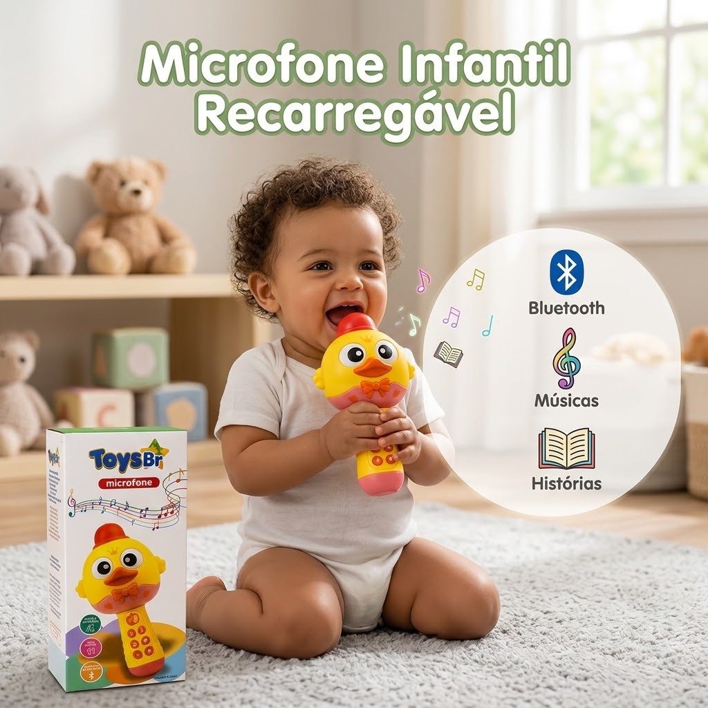 Microfone Infantil Recarregável com Bluetooth, Músicas, Histórias  Karaokê Com Música e Efeitos Sonoros