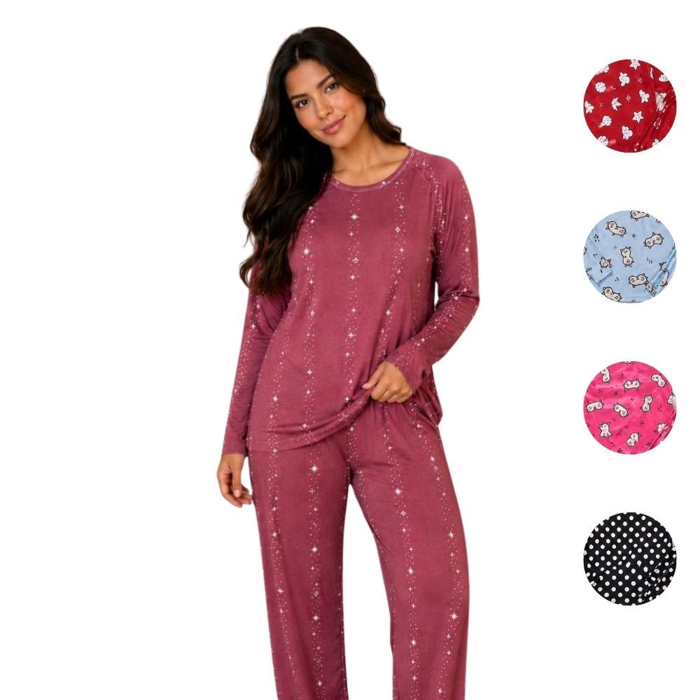 Pijama Feminino Longo Inverno Malha Premium Conforto Estampado Conjunto Para Dormir Adulto