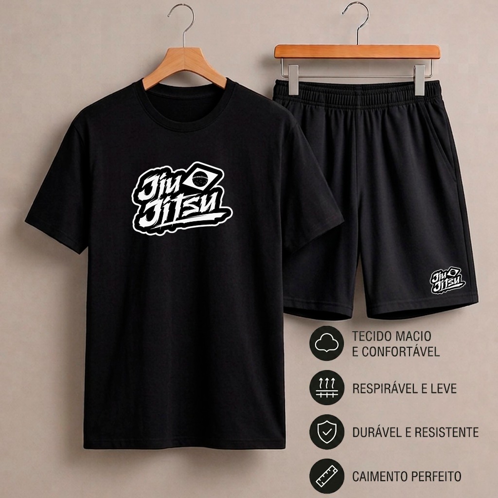 Conjunto Masculino Camiseta Básica e Bermuda Tactel Kit Streetwear Casual Confortável Estampado Jiu-Jitsu Verão