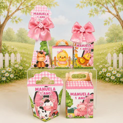 Kit Caixinhas Personalizadas (Pegue e Monte) Fazendinha Rosa Menina Caixas para Lembrancinhas