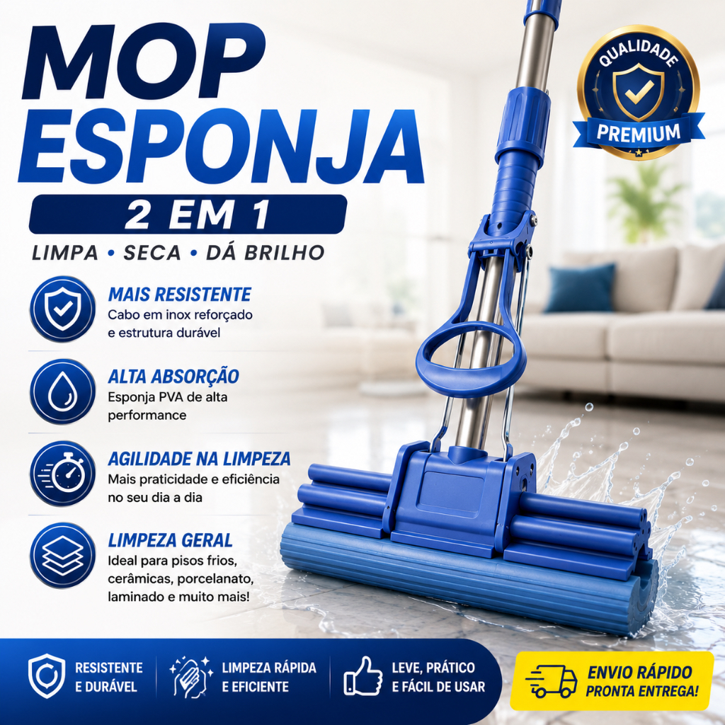 Mop Esponja 2 em 1 Rodo Com Espuma Enxuga e Varre Esfregão Rodo Mágico