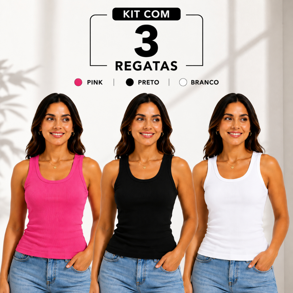 Kit 3 Blusas Regatas Femininas Ribana Canelada com Elastano Básica Casual Confortável 3 Peças