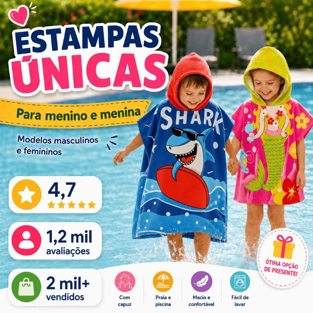 Toalha Poncho Infantil com Capuz Secagem Rápida Microfibra Macia Praia Piscina Banho Criança