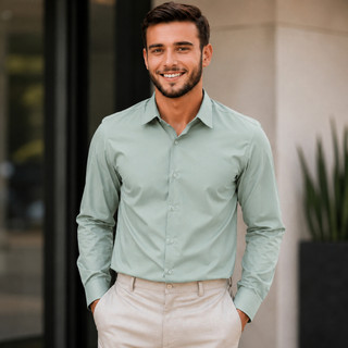 Camisa Social Clássica Masculina Manga Longa Tecido Misto Algodão Negócios Elegante com E…