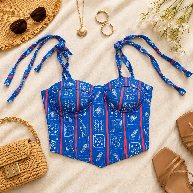 Cropped Corset Feminino Estampadas Borboletas ,Girassol ,Onça ,Bandana e Tropical com Bojo Alça de Amarrar Estruturado — imagem 2 de 2