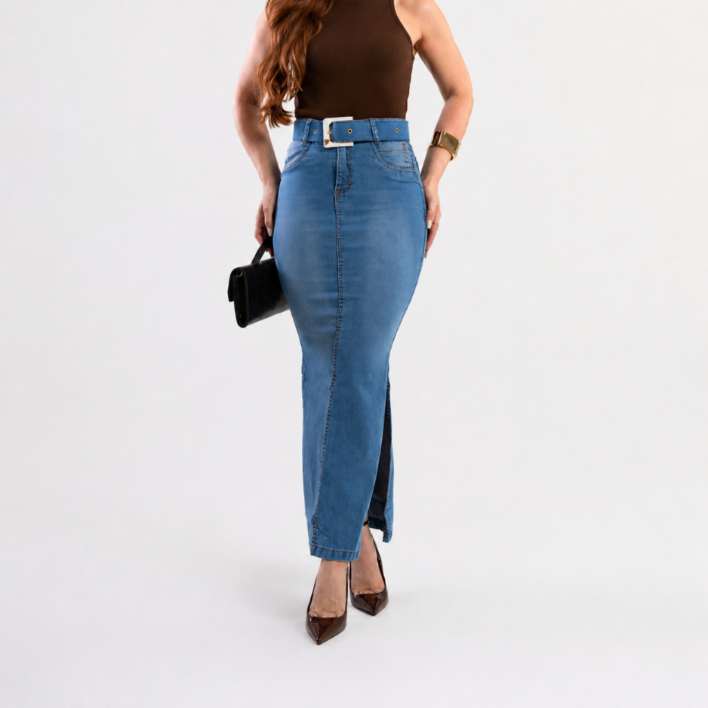 Saia Jeans Longa Feminina Modelagem Lápis com Cinto e Fenda Moderna