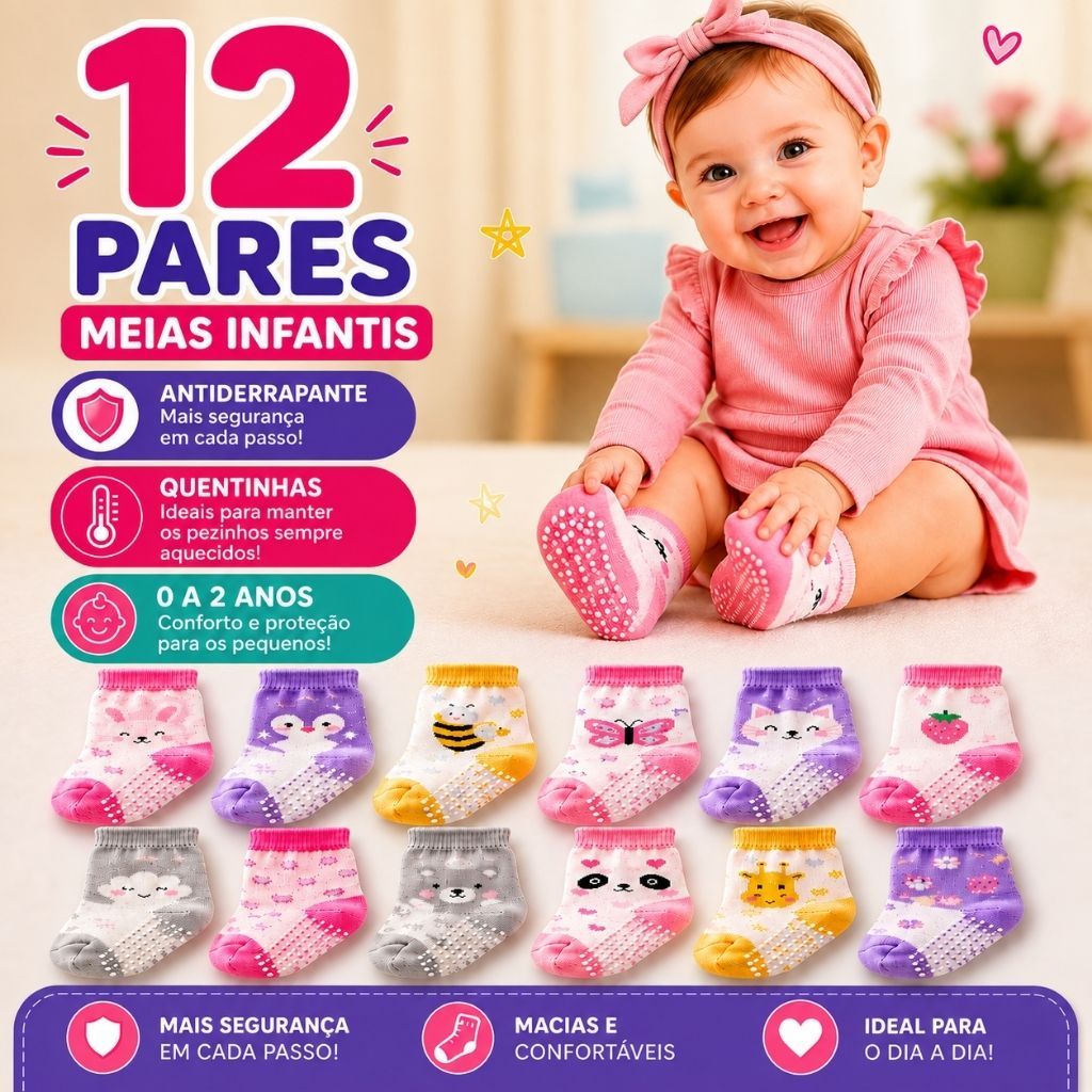Kit 12 Pares de Meias Bebê Antiderrapante  Menina Algodão Confortáveis 0–24 Meses Infantil