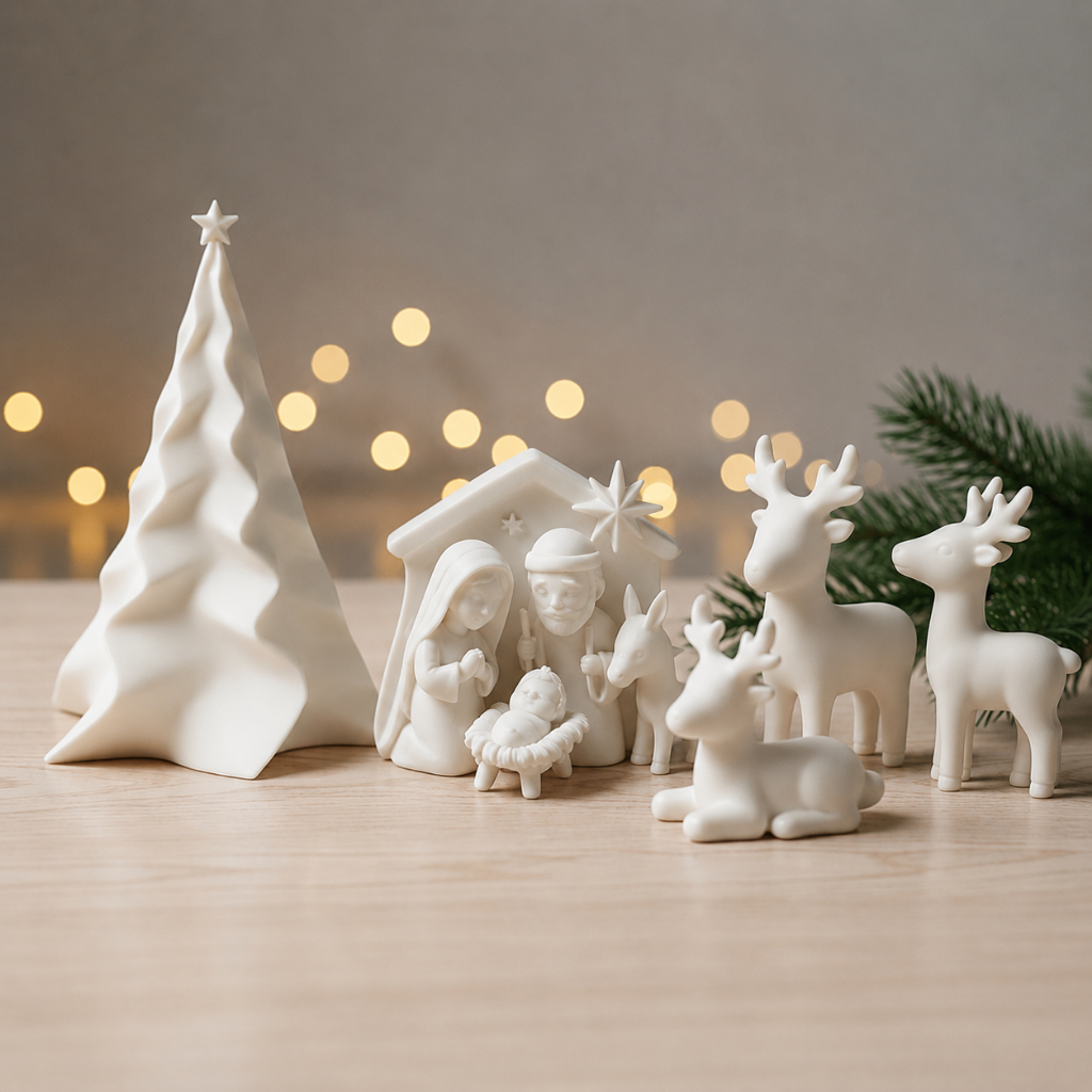 Kit Decoração Natal Minimalista 5 Peças Árvore Presente Trio Renas Presépio Enfeite Mesa Sala