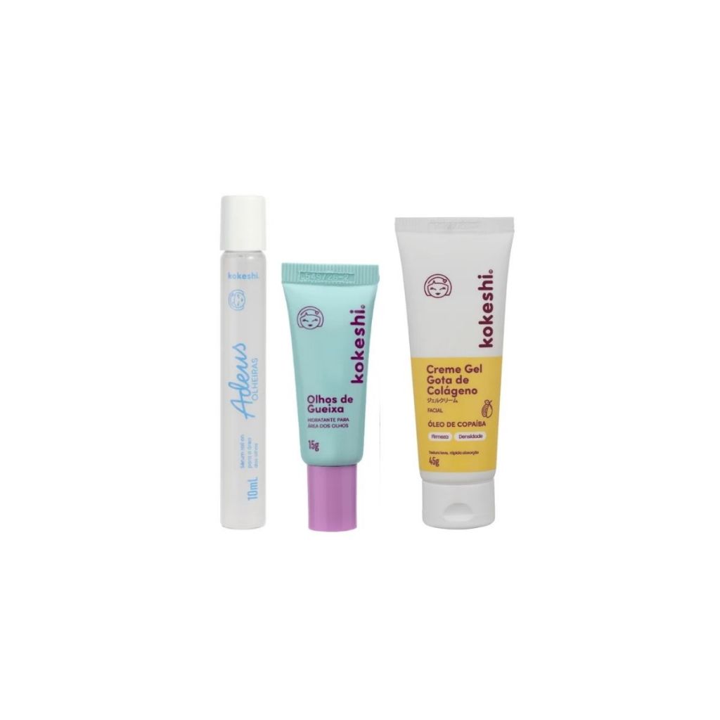 Kit Kokeshi Sérum Roll-On Adeus Olheira + Gota de Colágeno + Creme Hidratante Olhos de Gueixas