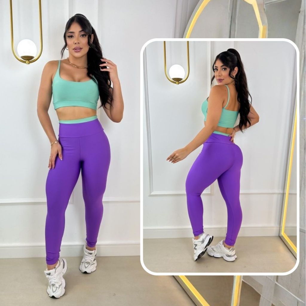 Conjunto Fitness Bicolor Feminino calça e Top curto Bojo Removível Academia Roupa De Malhar Suplex Premium