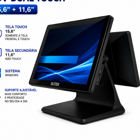 Terminal POS All In One Touch 15.6" + 11.6" Intel J6412 8GB SSD 128GB Windows PDV Comércio