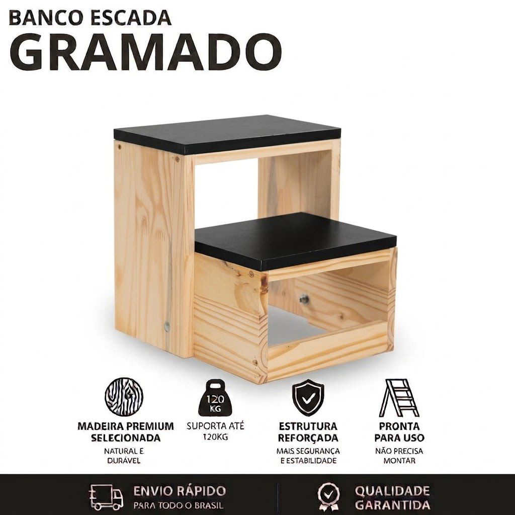 Escadinha Dobrável Multiuso Banqueta Dobravel 2 Degraus Criança Pet Adultos Idosos Banco Madeira Pinus Manicure