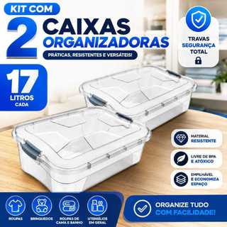Kit Com 2 Organizador 17 Litros Caixa Organizadora Transparente Com Tampa Travas Caixa Organizadora