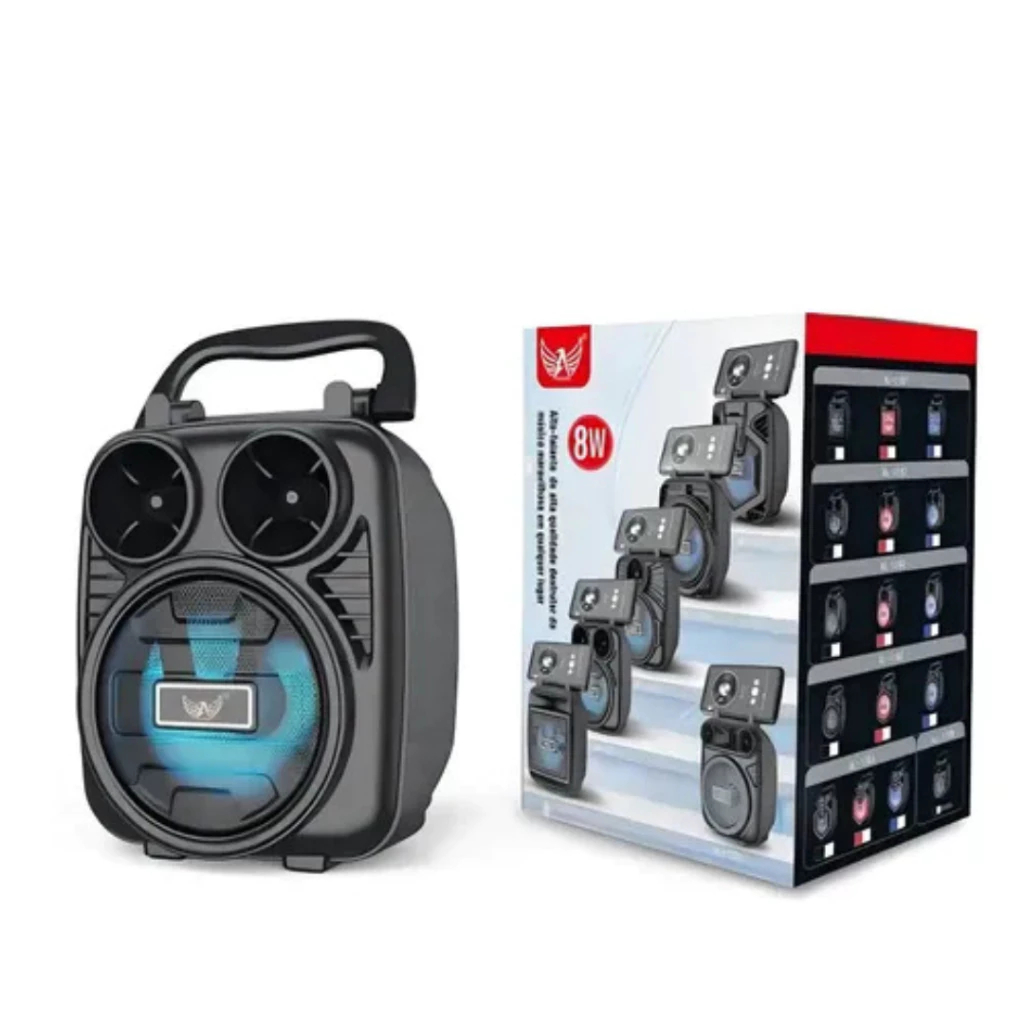 Caixa de Som Mini Portátil Preta, Bluetooth 5.0, Rádio FM, Entrada USB/TF