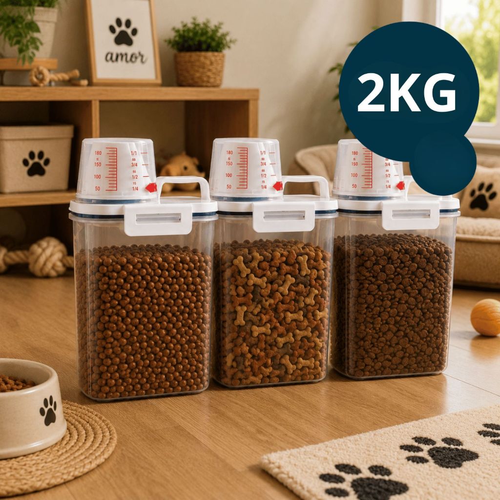 Kit 3 Potes Porta Ração Pet 2Kg Copo Medidor Dosador Tampa Trava Cachorro Gato Organizador Grãos Alimentos