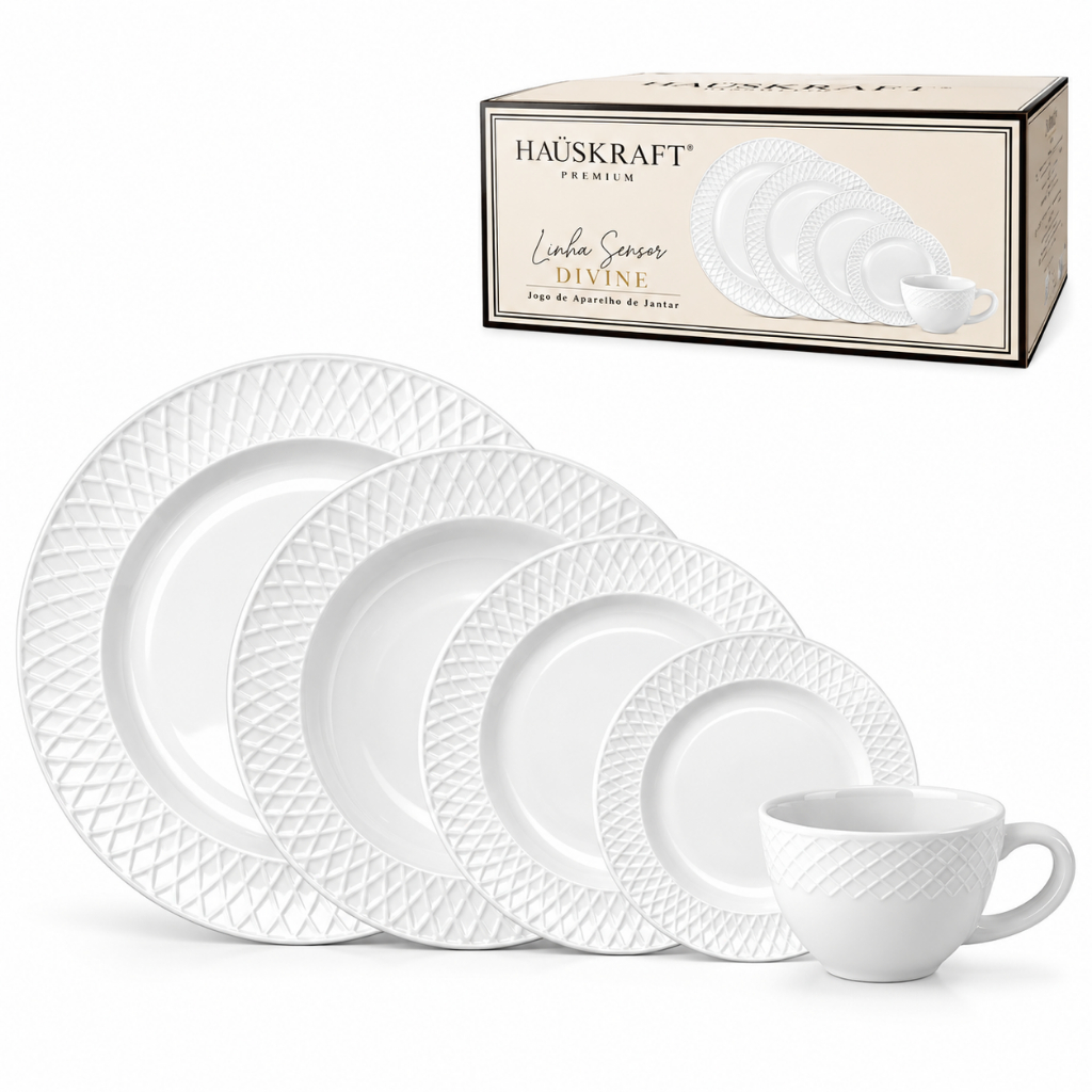 Aparelho de Jantar e Cha 20 Peças Opaline Divine Branco Hauskraft Pratos e Xicaras Resistente