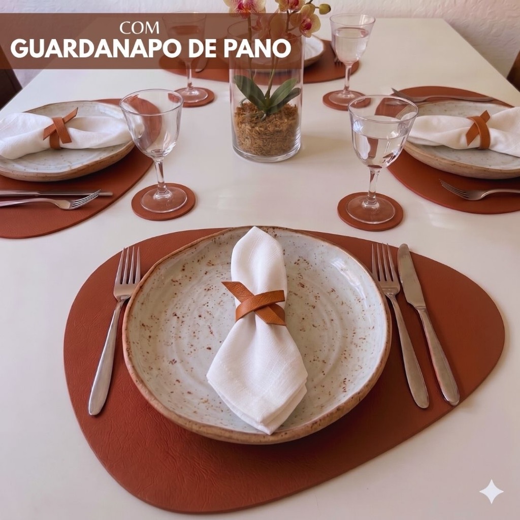 Kit Jogo Americano C/ Guardanapo  para Mesa Posta Completa em couro  + Presilha de Guardanapo + Porta Copos.