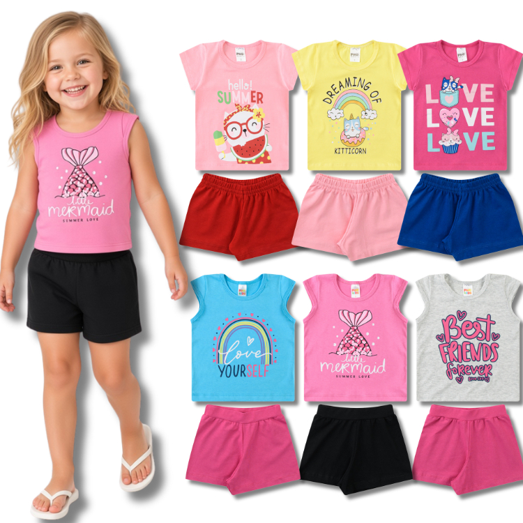 Kit 2 Conjuntos Verão Feminino/Menina Infantil - Blusa Manga Curta Estampada e Shorts Liso