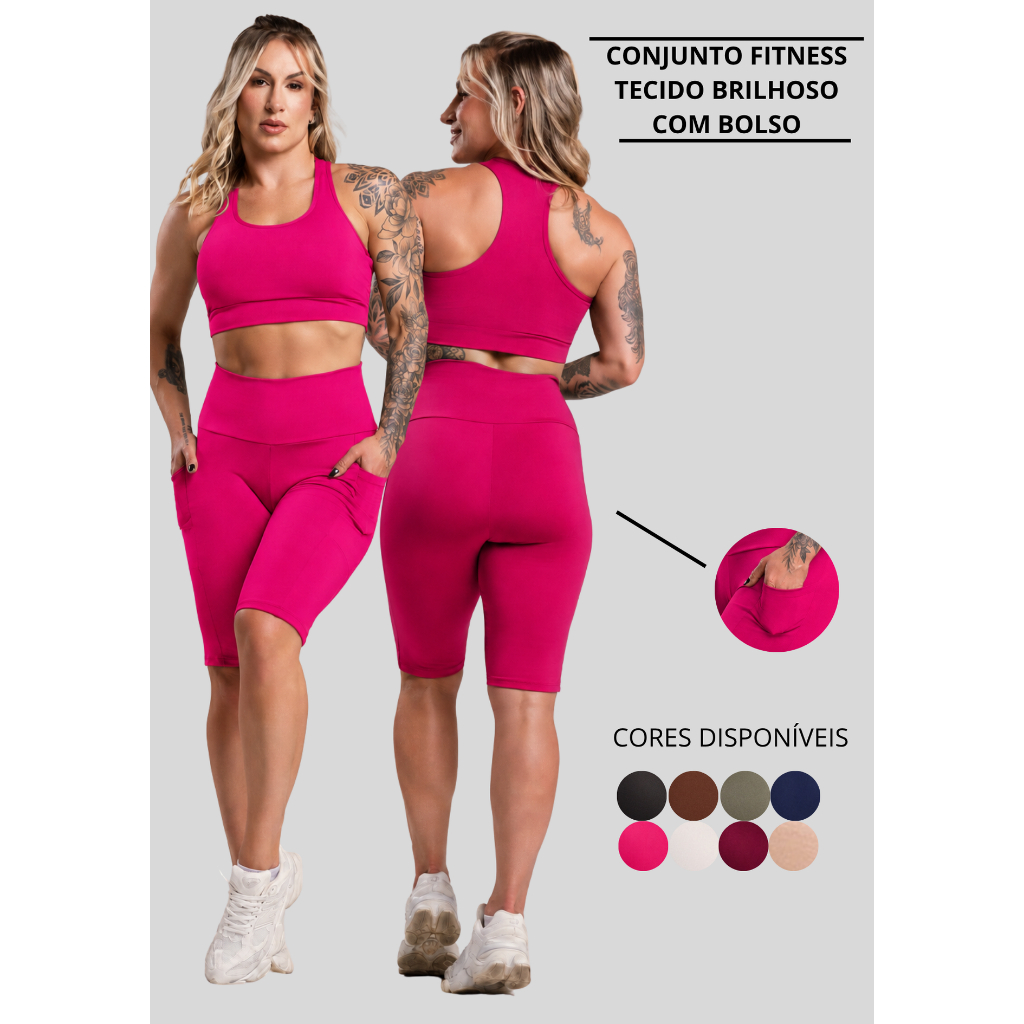Conjunto Fitness Feminino Brilhoso Academia Treino Top Nadador Liso e Bermuda Com Bolso Cintura Alta ZERO TRANSPARÊNCIA
