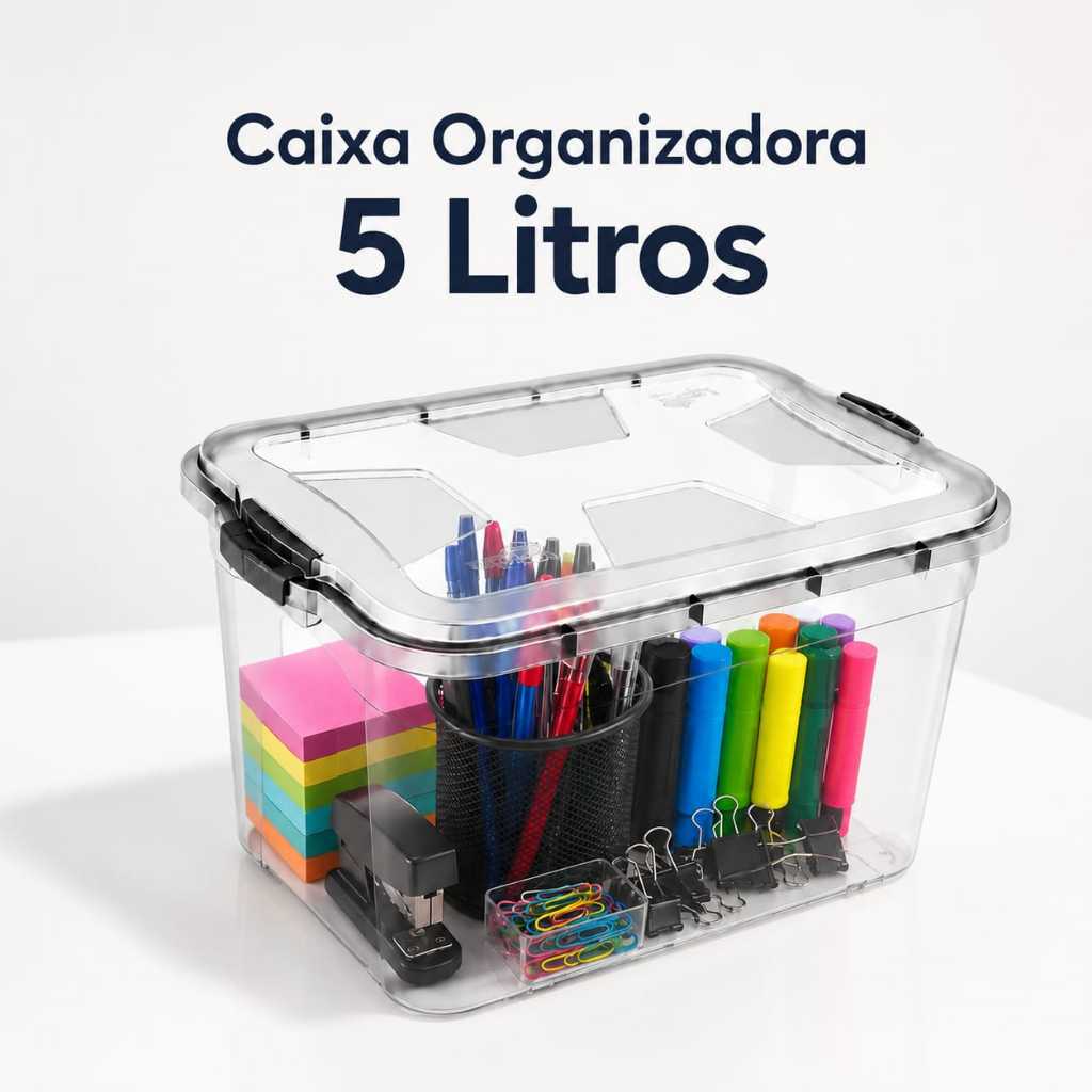 Caixa Organizadora 5 Litros  Transparente Com Rodinhas E Travas Empilhável Com Tampa E Alças Reforçadas