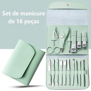 Kit Cortador de Unhas 16 Peças em Aço Carbono com Estojo de Couro - Conjunto Manicure e Pedicure