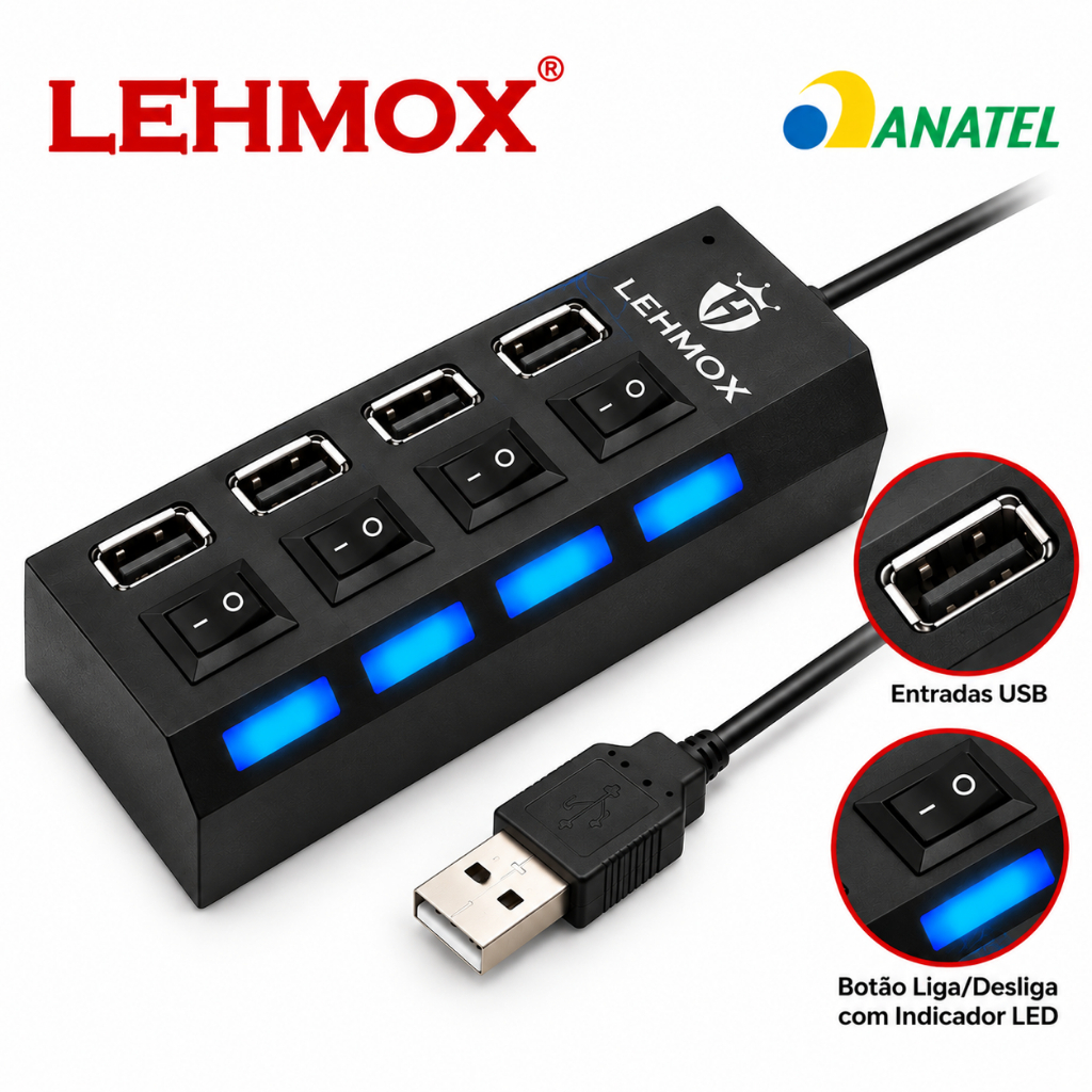Hub USB 4 Portas Rápido Lehmox USB 3.0 Com Interruptores Individuais