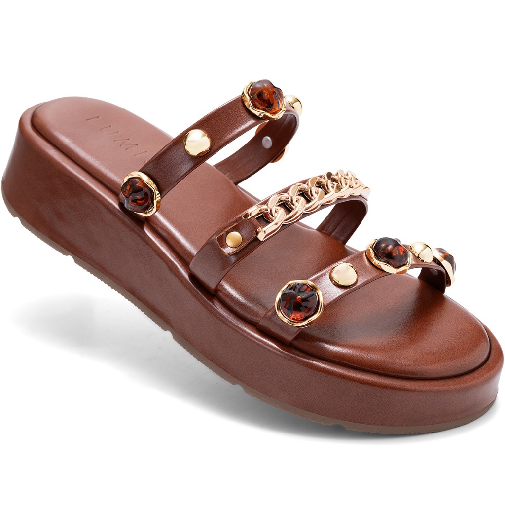 Sandália Papete Feminina Lumiss Flatform Tamanco Confortável Corrente Dourada Spike Pedras