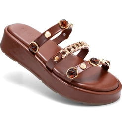 Sandália Papete Feminina Lumiss Flatform Tamanco Confortável Corrente Dourada Spike Pedras