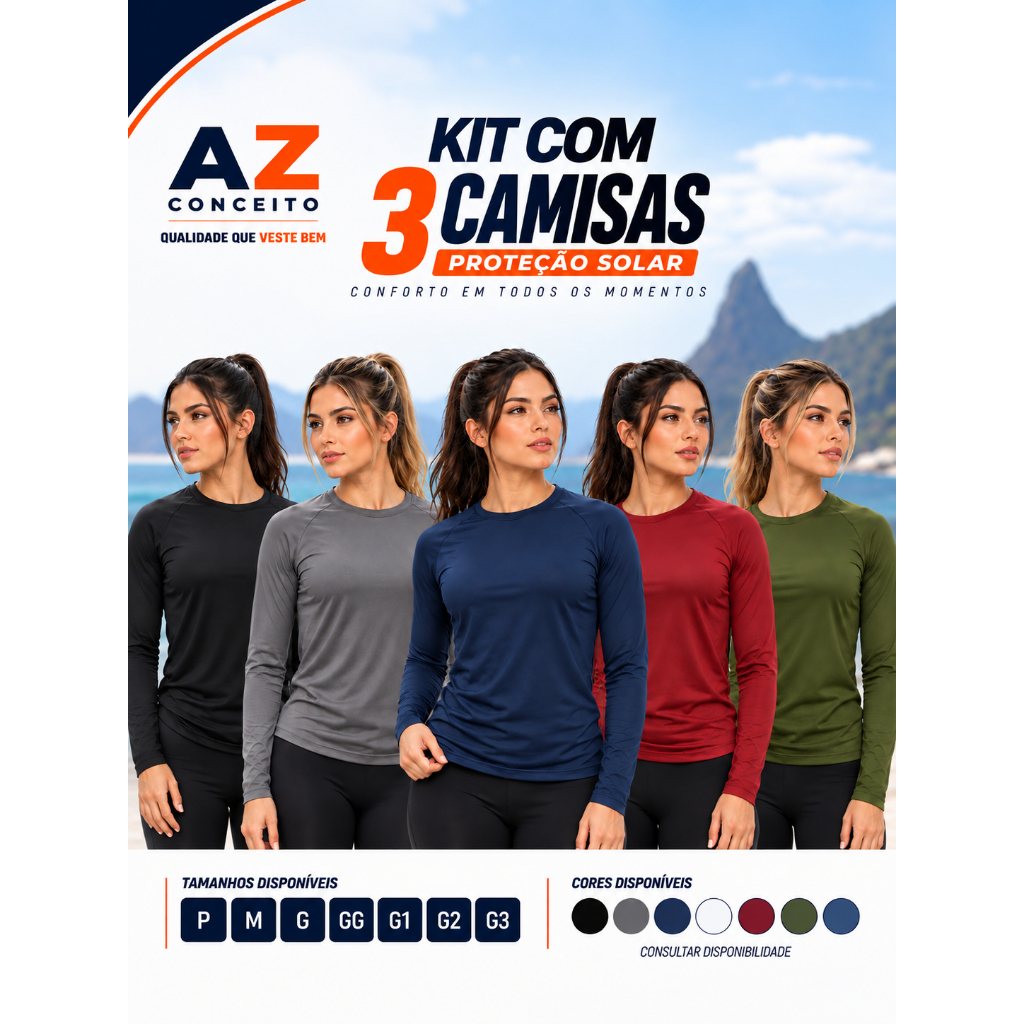 Kit 3 Camisa Blusa UV Feminina Proteção Solar UV+50 Segunda Pele Térmica P ao G3