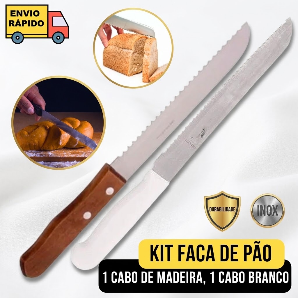 Kit 2 Facas Para Pão E Bolo Serrilhadas Aço Inox 8 e 6 Pol Cabo Madeira E Branco Uso Doméstico Profissional