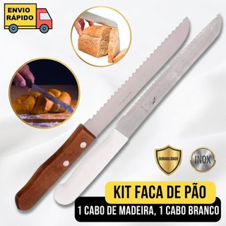 Kit 2 Facas Para Pão E Bolo Serrilhadas Aço Inox 8 e 6 Pol Cabo Madeira E Branco Uso Doméstico Profissional