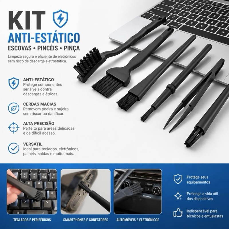 kit 6 pincéis e escovas antiestáticos ESD para Limpeza e Manutenção de placas eletrônicos notebooks
