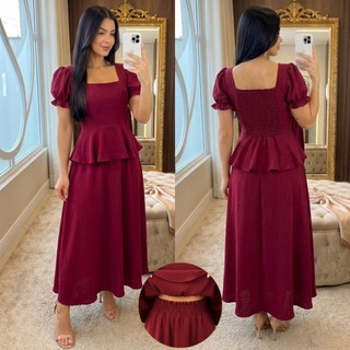 Conjunto Feminino Blusa Peplum Elastex E Saia Midi Longuete Moda Evangélica Elegante Com Forro