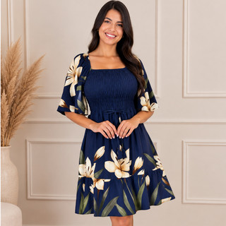 Vestido Feminino Floral Viscolinho com Lastex Acinturado Moda Evangélica Elegante ES-VES-128