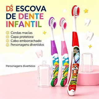 Escova de Dente Infantil Macia com Capa Protetora Personagens Fada e Cachorrinho | Cabo Emborrachado 02 a 05 anos