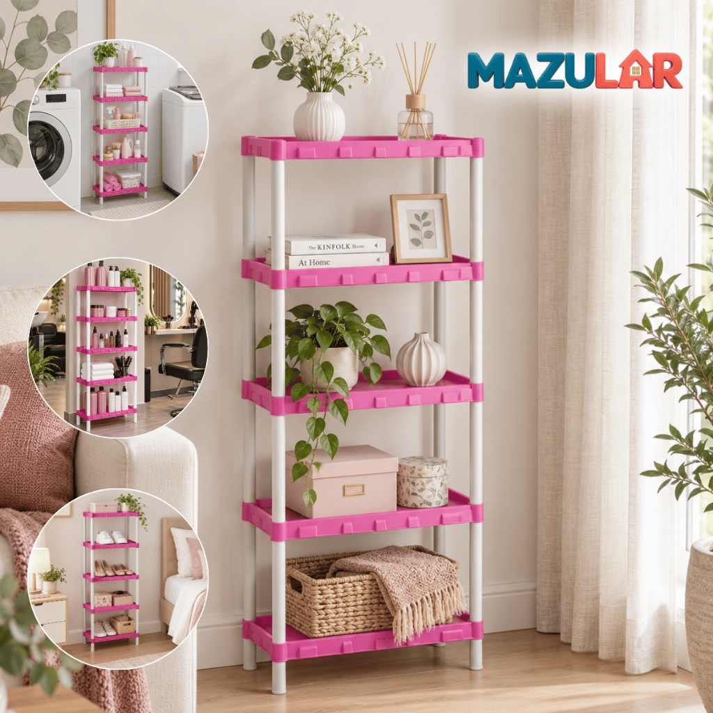 Prateleira Organizadora Multiuso Rosa 5 Andares Para Cozinha, Banheiro, Lavanderia, Quarto 136CM Plástico