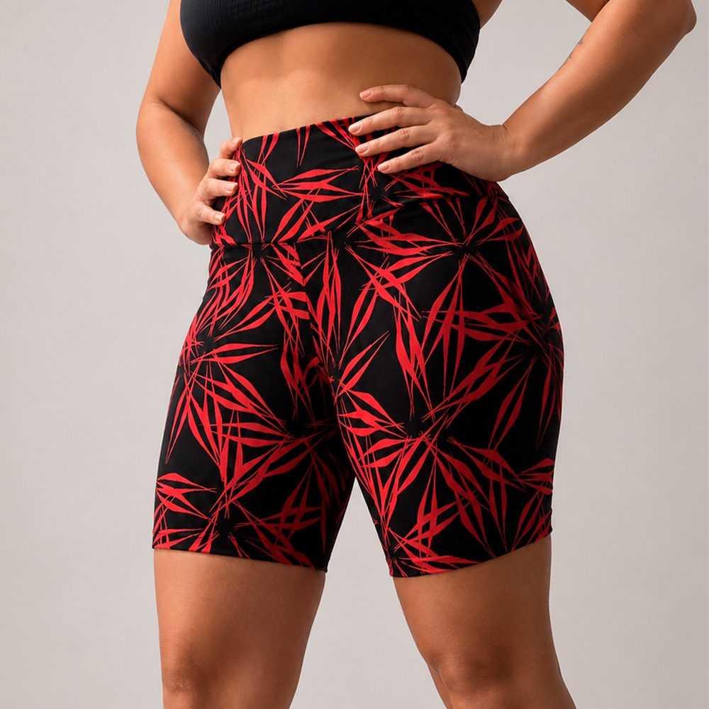 Short Feminino Fitness Cintura Alta Estampado Vermelho e Preto Bermuda Ciclista Academia