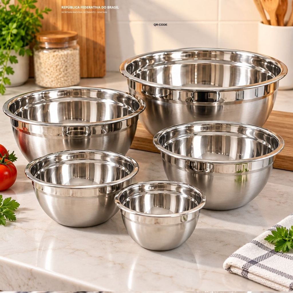 Kit Bowl Inox 5 Peças Tigelas Multiuso para Cozinha Saladas Frutas Massas e Preparo de Alimentos