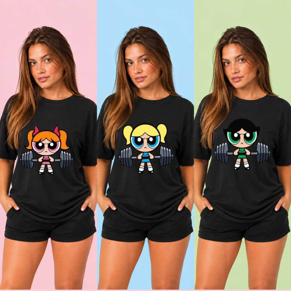 T-shirt Camisa Camiseta Super Poderosas Blusa De academia Feminina Treino blusa fitness 100% Algodão Oversized