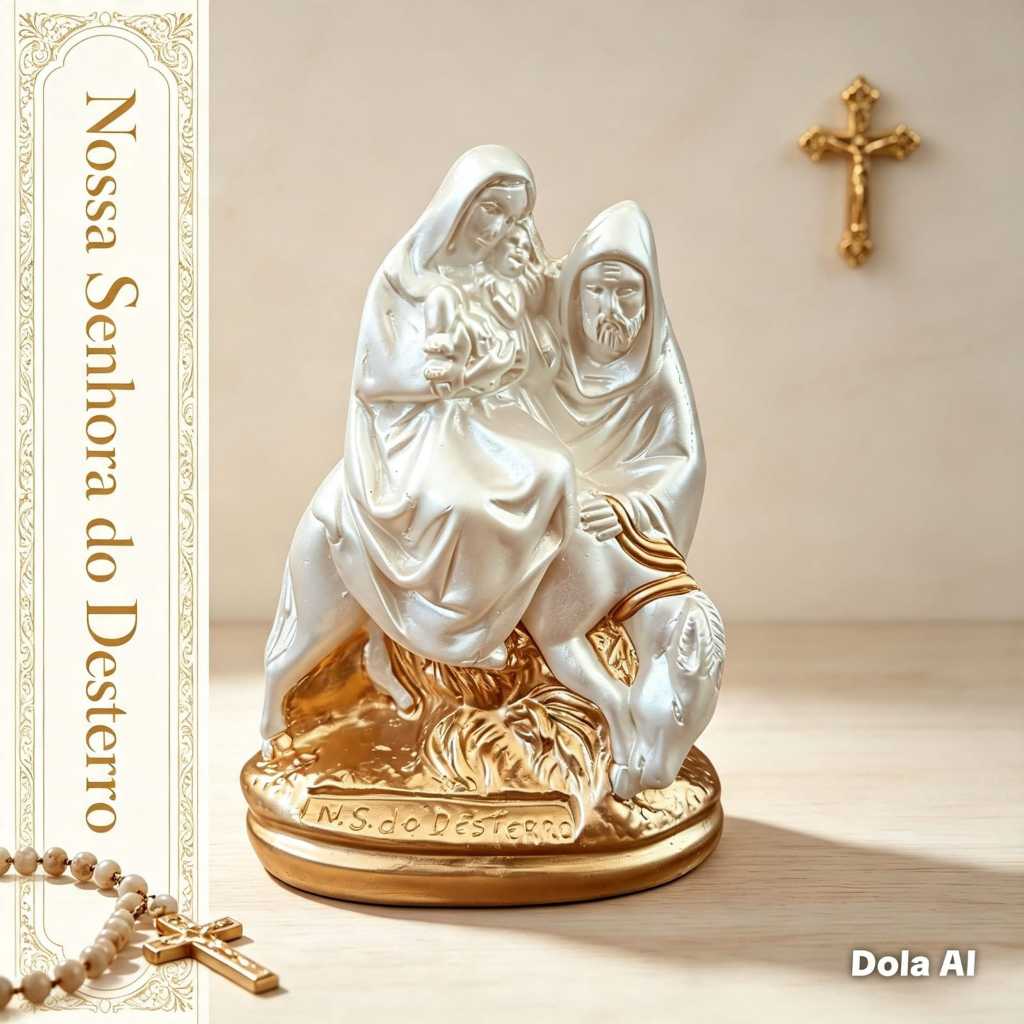 imagem nossa senhora do desterro 16 cm gesso perolado e dourado proteção fuga para o egito