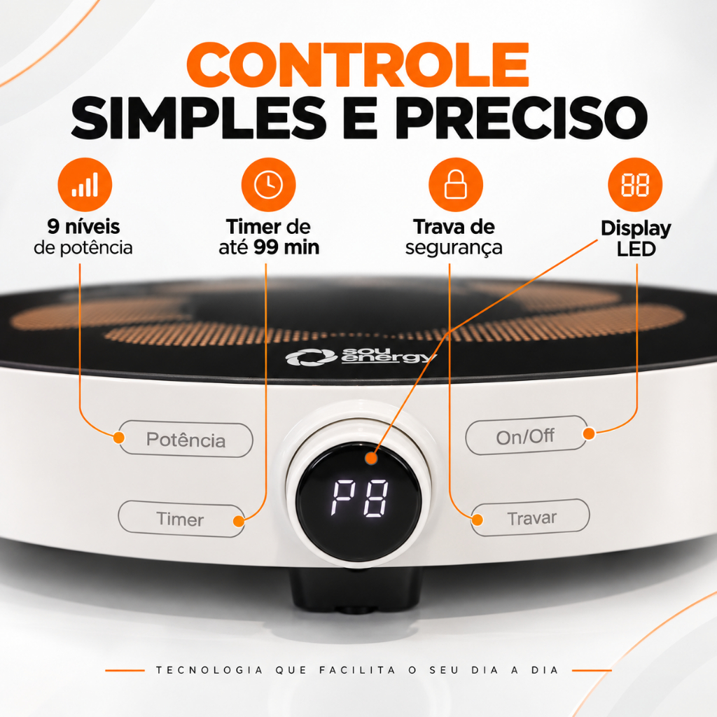 Cooktop de Indução Portátil Bivolt 1 Boca 2000W com Painel Touch, Timer e Mesa Vitrocerâmica | Sou Energy · foto 2