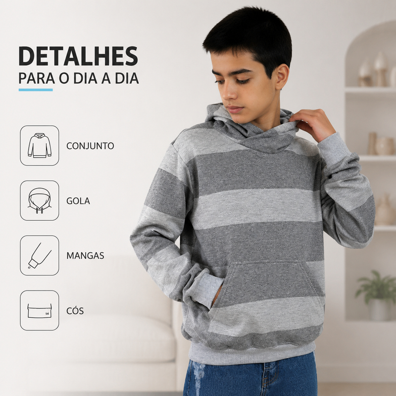 Blusa de Moletom Infantil Juvenil Listrada com Capuz e Bolso Canguru