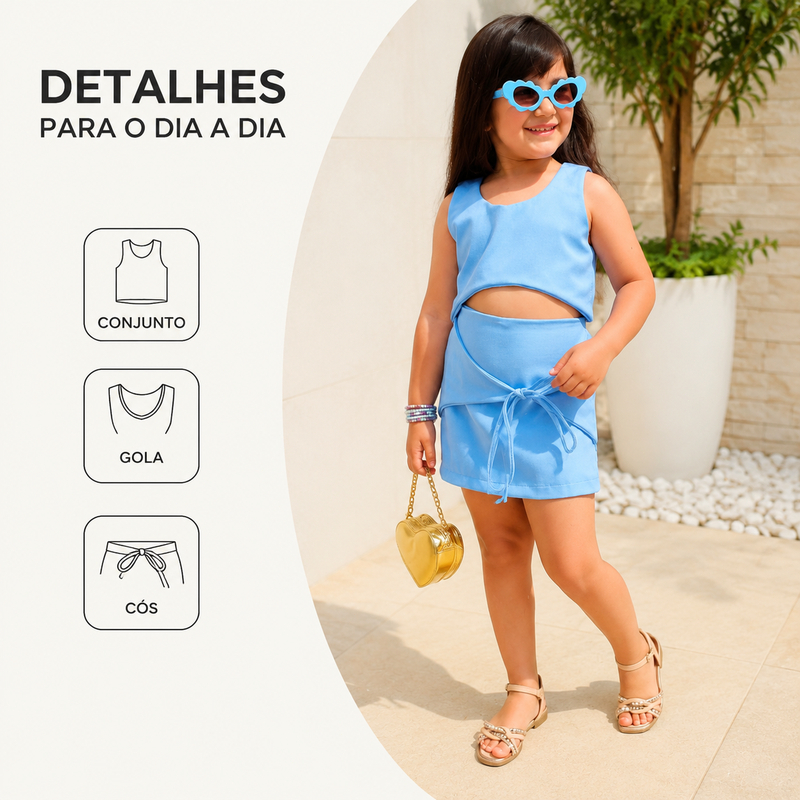 Conjunto Infantil Feminino Cropped + Saia Curta em cores pastéis. Ideal para meninas estilosas que amam conforto e moda