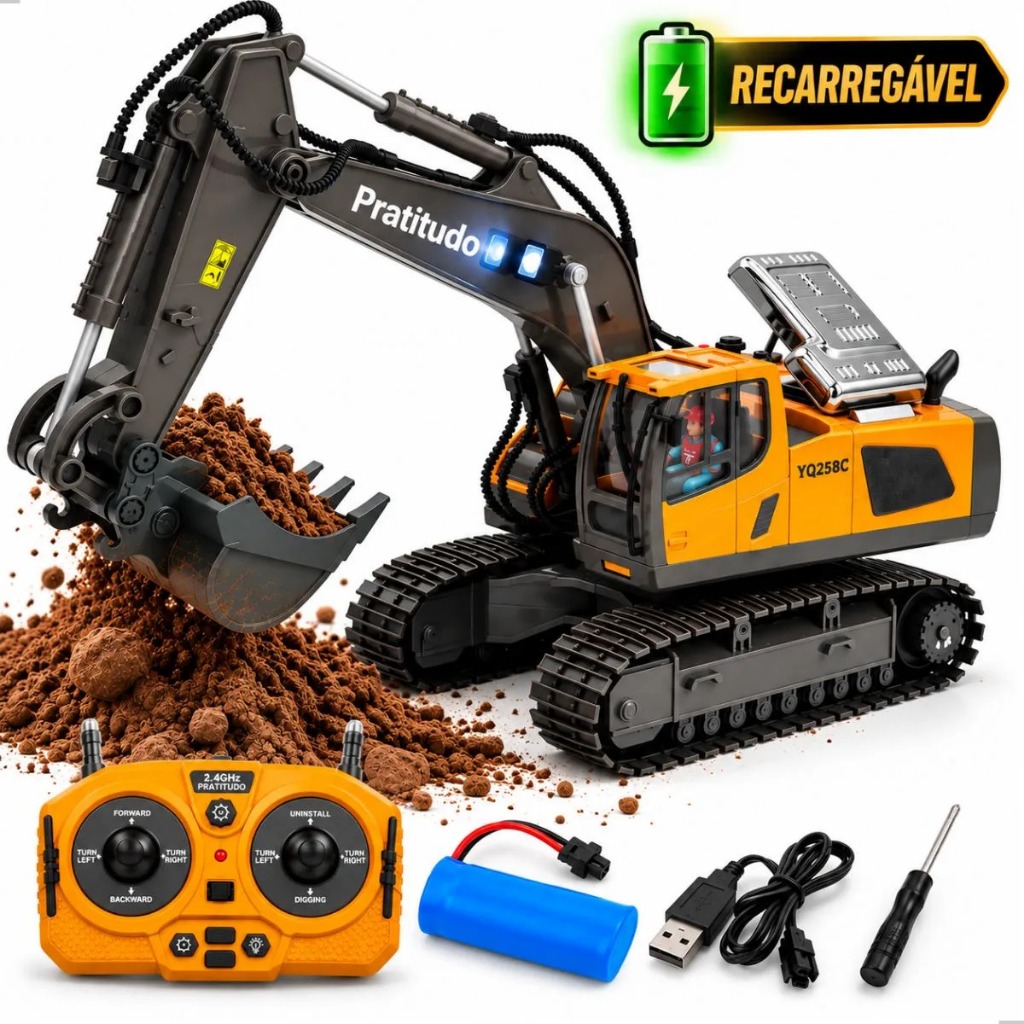 Trator de Controle Remoto de Brinquedo Recarregável Escavadeira Infantil Menino Pá de Metal Luz Som Pratitudo Toys