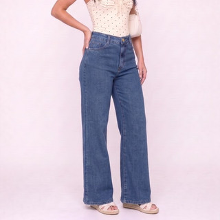 Calça Wide Leg Jeans Azul Premium Cintura Alta Bolsos Funcionais