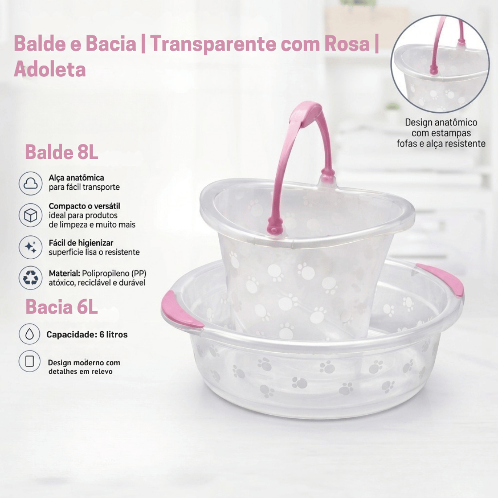 Kit Bacia 6 L + Balde 8 L | Transparente com Rosa | Adoleta | Banho Infantil
