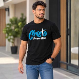 Camiseta Cristã Masculina Camisa Cristo Vive Em Mim Moda Evangélica Poliéster e Viscose Tecido Não Amassa Moda Masculina
