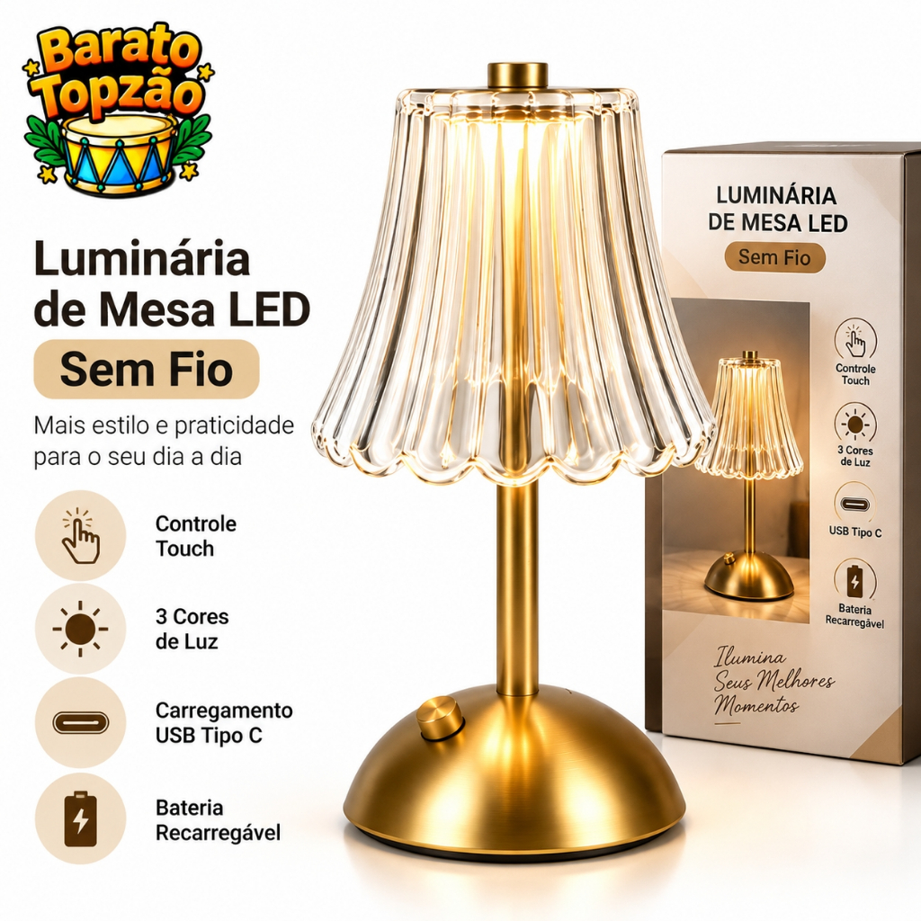 Lâmpada de Mesa LED Sem Fio Recarregável com Sensor de Toque 3 Cores de Luz