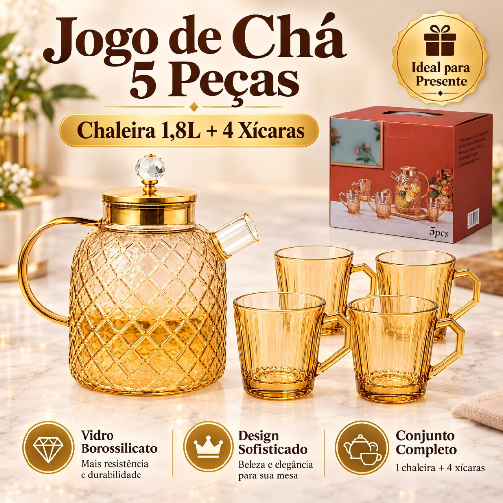 Jogo de Chá Âmbar 5 Peças Bule de Vidro Borossilicato 1,8L com 4 Xícaras Elegantes